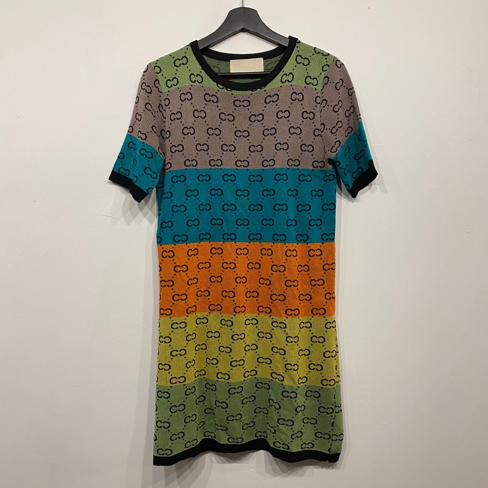 Greenwich V Womens Knit Mini Dress Multi Color Striped Short Sleeve Small